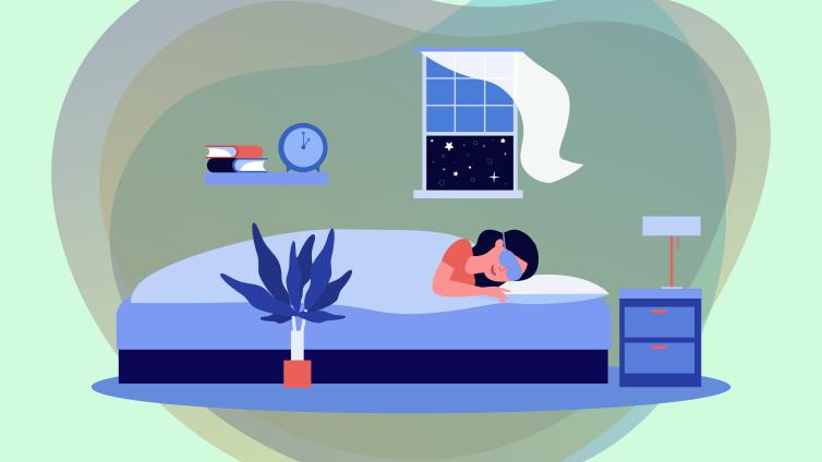 Illustration of a woman lying in bed with a sleeping mask.