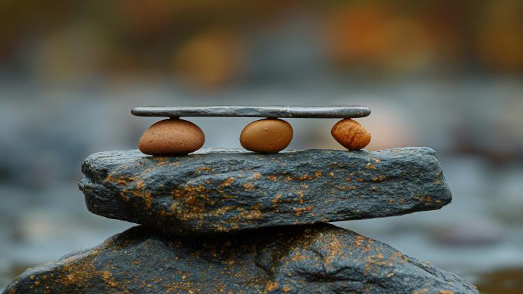 Three small round rocks balancing between two larger flat rocks